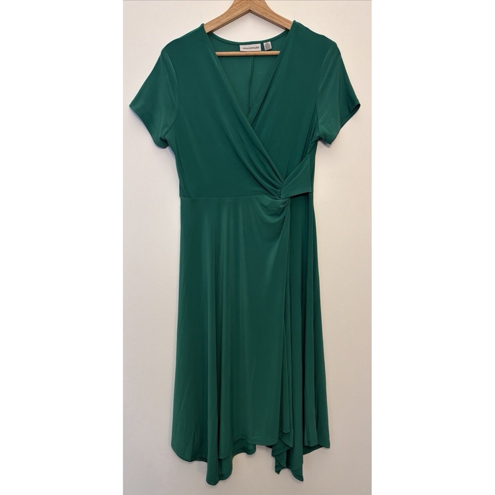 Nina Leonard Women's Faux Wrap Midi Dress Green Size M Shark Bite Hem A-Line - Picture 1 of 16